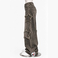 Celana Denim Pria Berkualitas Tinggi Model Mid Wide Leg Ripped Star Distressed Kancing Depan Gaya Outdoor Trendy Street Style Katun Kasual Musim Gugur