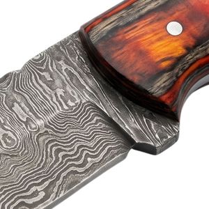Couteau de chasse à lame fixe en acier Damas de qualité industrielle avec manche en bois de burl d'orange, idéal pour la survie en extérieur et le camping - Product Image 6