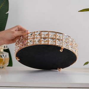 Modern Gold-Toned Rope Woven Frame Polished Metal <b>Round</b> Crystal <b>Mirror</b> Decorative Tray Multi-Functional <b>Small</b> Ramadan Home Decor - Product Image 3