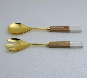 Nouvel arrivage : Cuillère à salade en acier inoxydable avec manche en terrazzo et bois, qualité supérieure pour usage domestique - Product Image 1