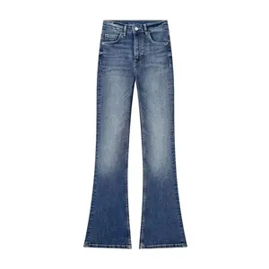 Jeans décontractés pour femmes, coupe classique, 100% coton, taille moyenne, motif uni, haute qualité, logo personnalisé - Product Image 1