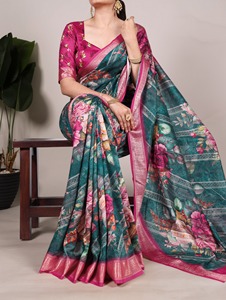 Dernier modèle de sari en soie Tussar imprimée avec bordure en viscose - Product Image 5