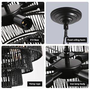 Lampadario a sospensione rustico nero in corda di canapa a 5 livelli da 24 pollici, stile Boho Farmhouse, con 8 attacchi E12 per sala da pranzo - Product Image 5