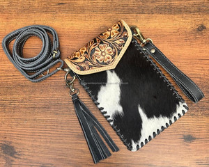 New Hand Tooled Leather Wristlet Crossbody Mobile Bag Cowhide Leather Cellphone Holster Pouch Bag Waist Belt <b>Clip</b> Case for Women - Product Image 2
