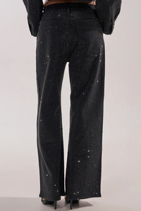 Women's Sequined 2-Piece <b>Set</b> Loose Fit Blazer Jacket Wide Leg Pants <b>Sexy</b> Club Wear All Seasons Full Length Solid Black - Product Image 6