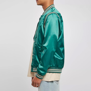 Veste en satin vert pour homme avec empiècements rayés contrastants, coupe classique, couleur unie, fermeture à boutons-pression, vêtements décontractés, services de vente en gros - Product Image 6
