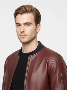 เสื้อแจ็คเก็ตบอมเบอร์หนังสีแดงเลือดหมูทรงเข้ารูปสำหรับผู้ชาย - Product Image 4