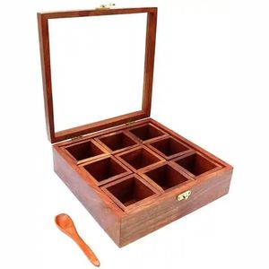 Plateau rustique en bois pour épices avec cuillère - Grande boîte à masala à 9 compartiments - Organisateur de cuisine décoratif avec couvercle en verre - Cadeau haut de gamme - Product Image 1