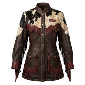 Manteau long en cuir pour femme, style western, col montant, marron foncé bordeaux, en cuir de vachette à poils, avec franges et pompons - Product Image 1