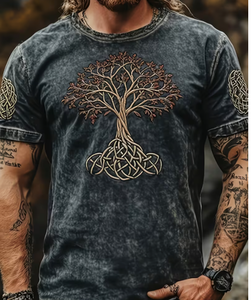 T-shirt imprimé à manches courtes et col rond pour homme, motif arbre de vie, en jersey de coton, coupe décontractée, respirant, logo sur le devant - Product Image 1