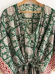 Elegante Vestido Kaftán de Algodón con Estampado Floral Verde, Cintura Ajustable, Estilo Bohemio, Holgado, Informal, para Mujer, Vestido de Verano - Product Image 5