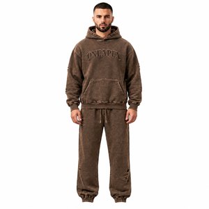 Ensemble de survêtement pour homme, sweat-shirt à capuche et pantalon de survêtement marron à motifs, One Apex Streetwear, tenue de jogging deux pièces assortie, mode décontractée - Product Image 1