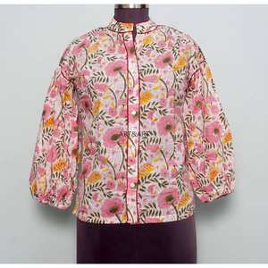 Hauts d'extérieur pour femmes - Design floral vintage coréen 100% coton écologique respirant à manches bouffantes col en V moderne toutes saisons - Product Image 1