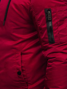Blouson bomber rouge pour homme avec capuche en fourrure, coupe-vent, hiver, décontracté, rembourrage en polyester épais, coupe régulière, couleur unie - Product Image 3