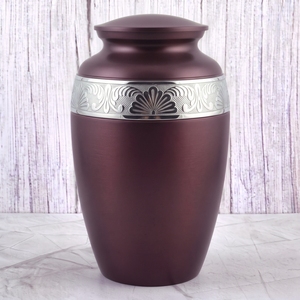 Burgundy and Silver <b>Striped</b> Brass Adult Cremation Urn with matte surface for Human Ashes, Funeral Memorial and Burial Urn - Product Image 5