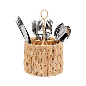 Wholesale Water Hyacinth Straw Flatware <b>Caddy</b> Handwoven Cutlery Holder with Handle 4 Slot Condiment Organizer Tableware - Product Image 1