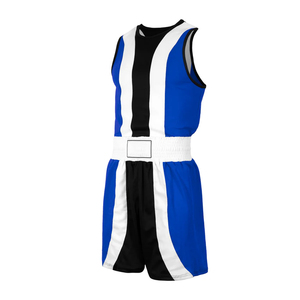 TRENDION APPARELS Ensemble de combinaison de boxe personnalisé, débardeur sans manches, short, rayures bleues, blanches et noires, polyester respirant, unisexe, adulte - Product Image 2