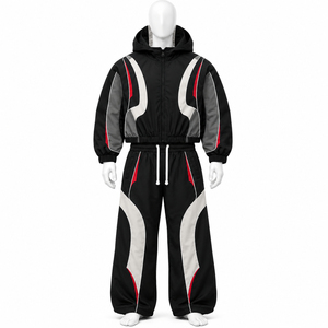 Conjunto de chándal personalizado oversize con paneles de ondas azules, estilo moderno, chaqueta cortavientos con capucha y pantalones de pierna ancha para ropa deportiva unisex - Product Image 3