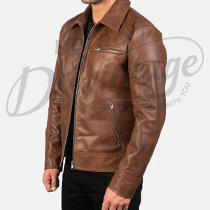 เสื้อแจ็คเก็ตหนังสีน้ำตาลสำหรับผู้ชาย คอปกคลาสสิก หนังแกะแท้ สำหรับฤดูใบไม้ร่วงและฤดูหนาว สวมใส่สบาย ซิปหน้า ทรงเข้ารูป เหมาะสำหรับผู้บริหาร - Product Image 6