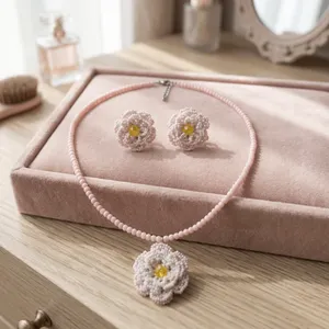 Luxury Pink Floral Beads Bridal and Fine Jewelry Set Gold Plated Stainless Steel Vintage Style for <b>Gift</b> - Product Image 6
