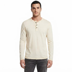 T-shirt Henley à manches longues pour homme, couleur unie, en coton, coupe classique, jersey tricoté décontracté - Product Image 1