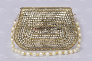 Bolso de mano dorado con espejo Kundan | Bolso DE BODA indio | Monedero nupcial con asa de perlas | Embrague de noche de diseñador para fiesta - Product Image 2