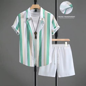 Ensemble chemise hawaïenne et short pour homme, 2 pièces, décontracté, rayé, boutonné, tenue de plage estivale, OEM ODM, vente en gros - Product Image 6