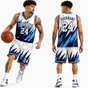 Ensemble de shorts de basket-ball personnalisés imprimés par sublimation, bleu marine, unisexe, col en V, tissu respirant, taille élastique, nom d'équipe personnalisé - Product Image 1