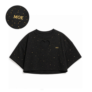 Blusa Corta Personalizada con Pedrería y Abertura en Forma de Corazón para Mujer, Camisa Oversize de Algodón Pesado con Detalles de Bordado Dorado, ODM - Product Image 3