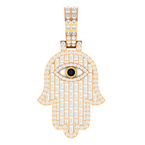 Colgante de Mano de Hamsa de Plata de Ley Chapado en Oro de 18K con Moissanita, Piedras de Corte Brillante y Diseño de Ojo Turco, Amuleto de Lujo Unisex Estilo Hiphop - Product Image 1