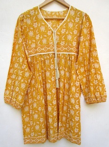 Nueva Llegada de Algodón Amarillo Blanco Floral Mujeres Mini Maxi Vestido Mano Bloque Impreso Mini Vestido Para Mujer - Product Image 5