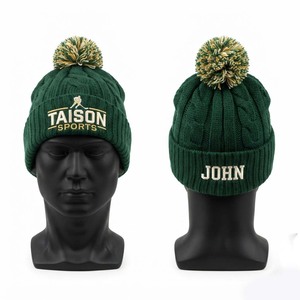Gorro de Hockey sobre Hielo de Lana Premium, Tejido de Punto Trenzado de 300 GSM, Gorro Cálido de Invierno con Bordado 3D, Puño Ajustable con Pompón, para Equipos - Product Image 1