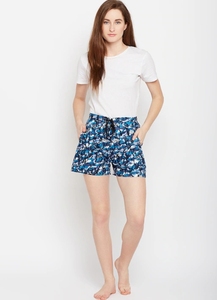 Women's Printed Blue Pattern Shorts <b>Elastic</b> Waist Casual Knitted Cotton Breathable With Pockets Regular Fit - Product Image 2
