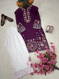 Ensemble Kurta Palazzo brodé violet vin pour femme, tenue ethnique traditionnelle indienne et pakistanaise, coupe ample décontractée, Salwar Kameez - Product Image 5