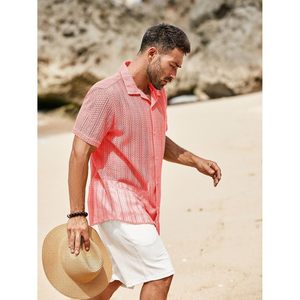 เสื้อถักแขนสั้นลายดอกไม้สำหรับผู้ชาย2025มีกระดุมคอเสื้อคิวบาเสื้อถักโครเชต์ลำลองเสื้อชายหาดขนาด XL - Product Image 2