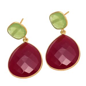 Vente en gros de boucles d'oreilles créoles en argent sterling 925, fabrication artisanale, 4 cm, plaquées or, pierre précieuse en calcédoine fuchsia vert mer pour femme - Product Image 2