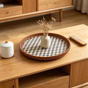 Mesa giratoria Lazy Susan de ratán con incrustaciones de nácar estilo rústico para mesa de comedor redonda o para gabinete de despensa - Product Image 4