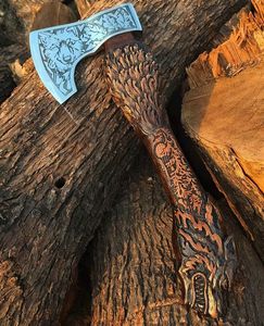 Wholesale Hand Forged Viking Bearded <b>Axe</b> with Carved <b>Wooden</b> Handle Bushcraft Camping Hatchet Gift Box and Leather Sheath - Product Image 5