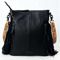 Bolso Bandolera Bohemio de Cuero Genuino con Decoración Bordada, Patrón de Cocodrilo, Correa Única, Cierre de Solapa, Color Negro para Dama