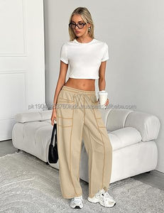 กางเกงวอร์มทรงบาร์เรลสำหรับผู้หญิง กางเกงขาบานทรงปาลาซโซ่ กางเกงลำลองรัดเชือกเอว มีกระเป๋า กางเกงลำลองใส่สบายสำหรับฤดูร้อน - Product Image 4