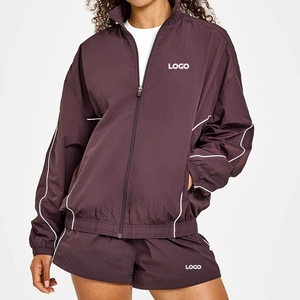 Ensemble short et blouson bomber femme deux pièces en tissu tissé imperméable écologique avec logo personnalisé Storm Blue, style streetwear, coupe ample, manches longues - Product Image 6