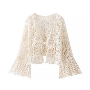 Cárdigan de punto abierto con mangas acampanadas florales de alta calidad, estilo bohemio, top de verano con cuello redondo y longitud corta para mujer. - Product Image 1