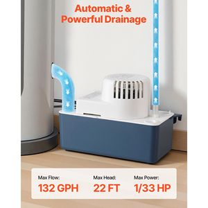 Pompa di Scarico Condensa Automatica da 1/33 HP, 100 GPH, Sollevamento 22 ft, Interruttore di Sicurezza 115V, Tubo da 20 ft per Componenti Climatizzatore - Product Image 2