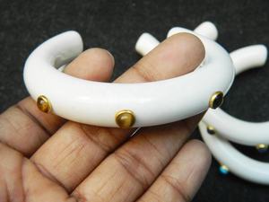 Ivory Color Resin Cuff Bangle <b>Bracelet</b> with Multi-Gemstone Inlay | <b>Stacking</b> Resin Jewelry for Womens Boho and Fashion Style - Product Image 6