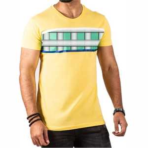 Camiseta Amarilla de Manga Corta para Hombre con Estampado Geométrico Digital, Cuello Redondo, Corte Regular Informal, Jersey de Algodón - Product Image 1