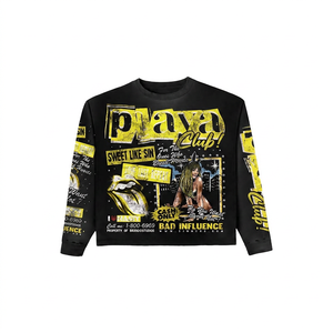 Custom Screen Print Men's <b>Black</b> <b>Long</b> <b>Sleeve</b> <b>Crop</b> <b>Top</b> Oversized Street Style Jersey Cotton O-Neck T-Shirt - Product Image 2