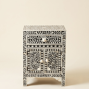 Handmade Modern Eco-Friendly Bone Inlay <b>Bedside</b> <b>Table</b> with 2 Drawers and Ottomans - Product Image 1
