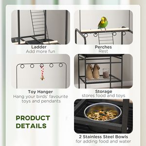 Supporto per Pappagalli Piccoli Grigio Scuro con Ruote, Ciotole in Acciaio Inox, Vassoio Estraibile per Uso Interno/Esterno, Accessori di Qualità per Uccelli - Product Image 6