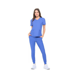 <b>Women's</b> <b>Burgundy</b> Short Sleeve V Neck Scrub <b>Top</b> and Jogger Pants Set - Product Image 5