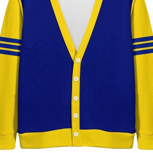 เสื้อคาร์ดิแกนถักไหมพรมสีน้ำเงินเหลืองแบบวิทยาลัยสำหรับผู้หญิง  คอวี  แขนลายทาง  แบบยาว  รับผลิตตามสั่ง (OEM)  ขายส่ง - Product Image 5